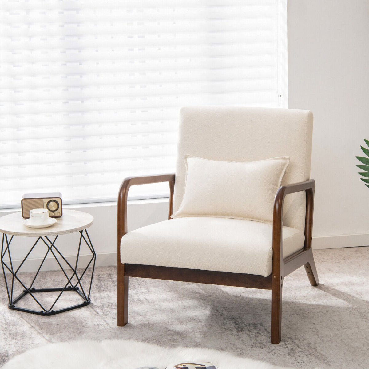 Modern Accent Chair with Rubber Wood Frame and Lumbar Pillow-Beige view 2