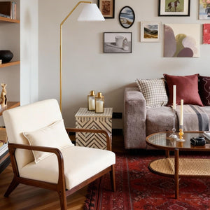 Modern Accent Chair with Rubber Wood Frame and Lumbar Pillow-Beige view 3