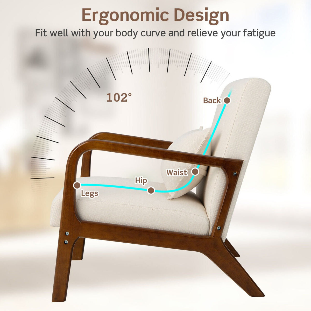 Modern Accent Chair with Rubber Wood Frame and Lumbar Pillow-Beige view 4