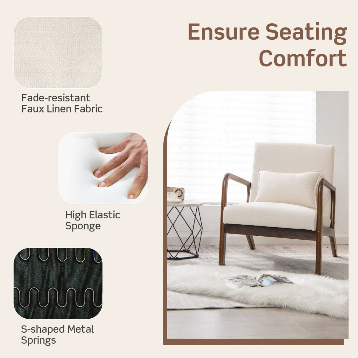 Modern Accent Chair with Rubber Wood Frame and Lumbar Pillow-Beige view 5