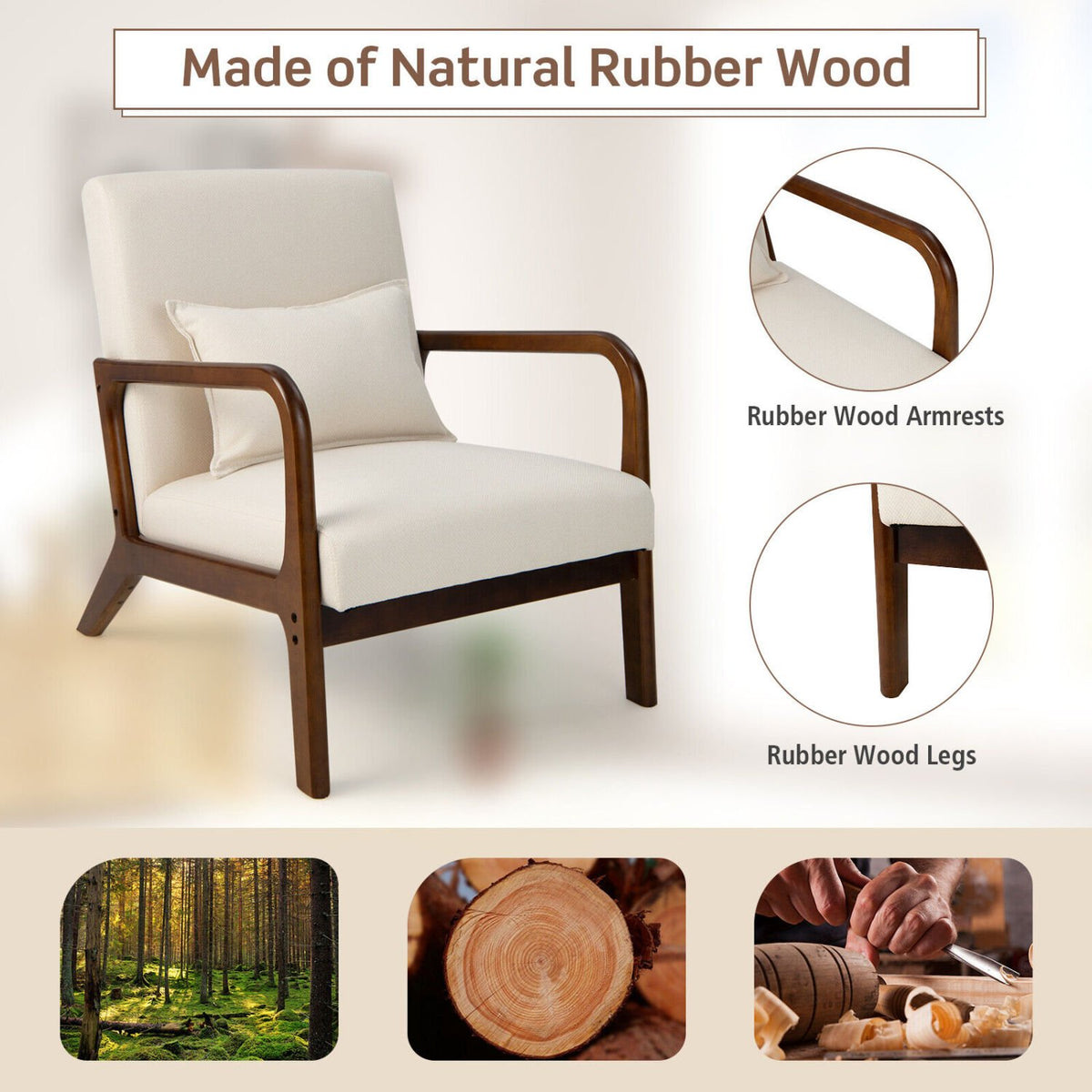 Modern Accent Chair with Rubber Wood Frame and Lumbar Pillow-Beige view 6