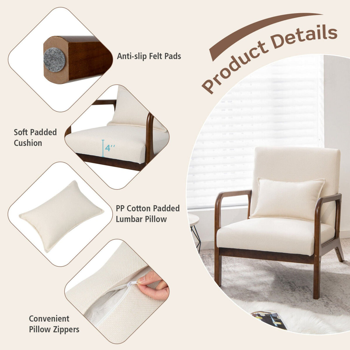 Modern Accent Chair with Rubber Wood Frame and Lumbar Pillow-Beige view 7