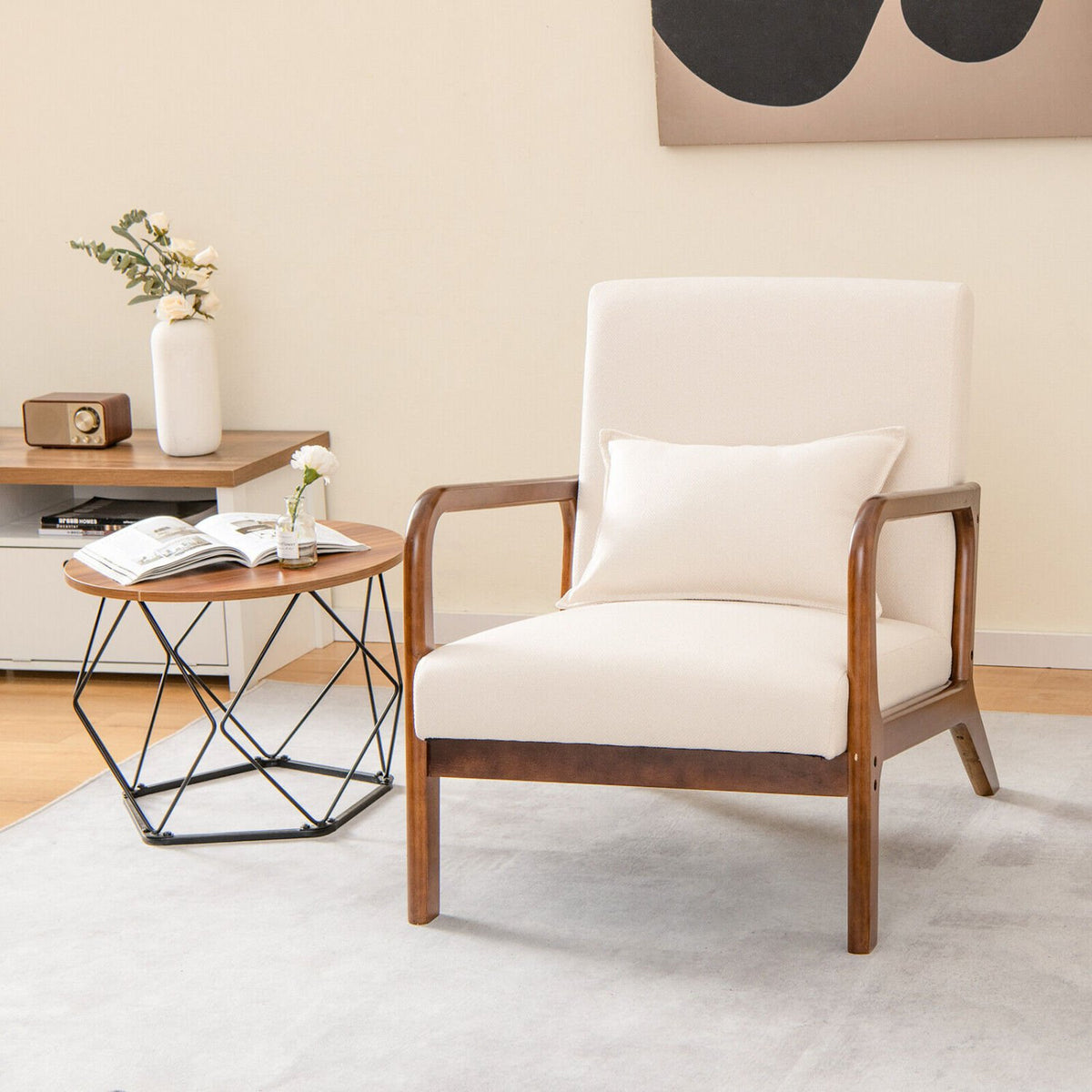 Modern Accent Chair with Rubber Wood Frame and Lumbar Pillow-Beige view 8