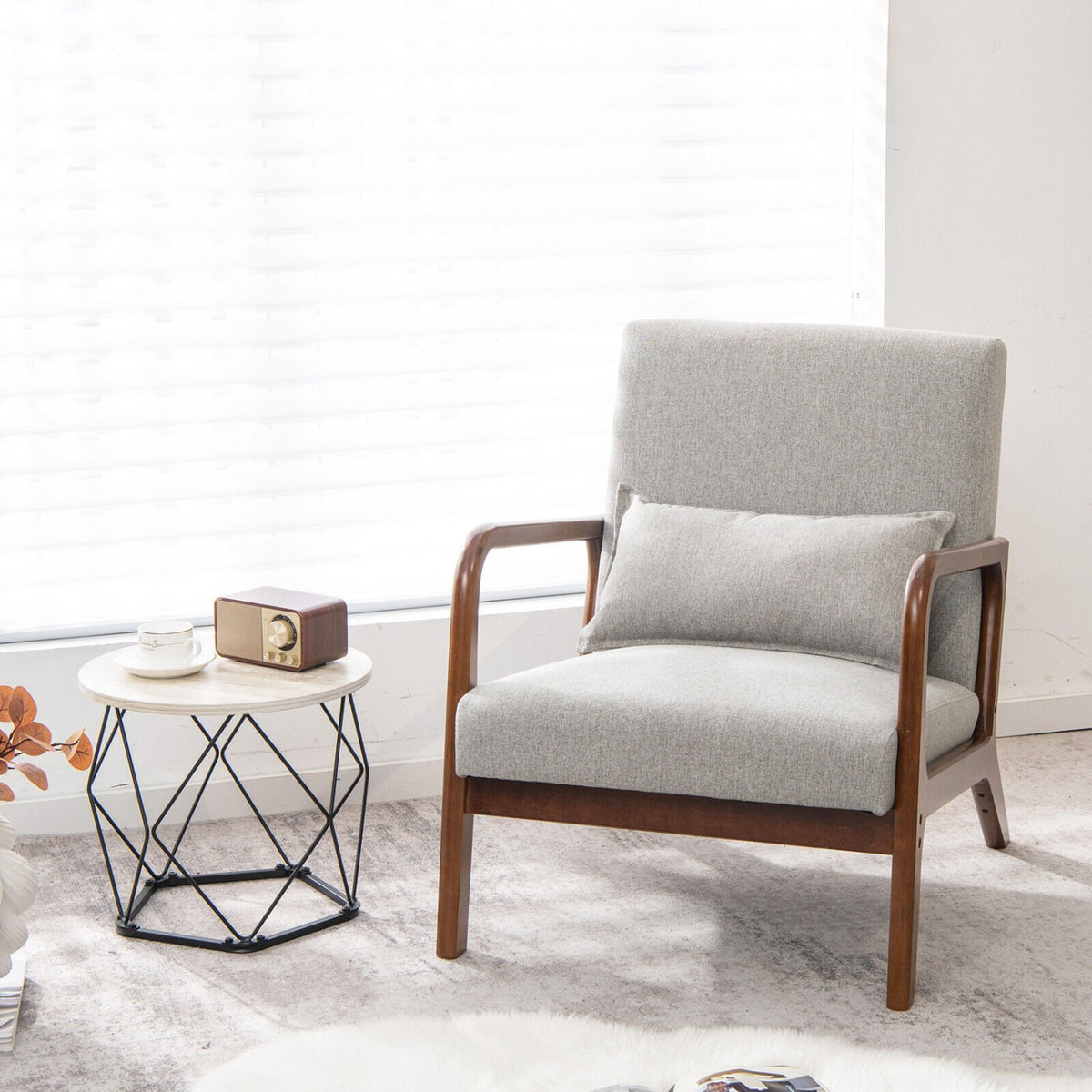 Modern Accent Chair with Rubber Wood Frame and Lumbar Pillow-Gray view 2