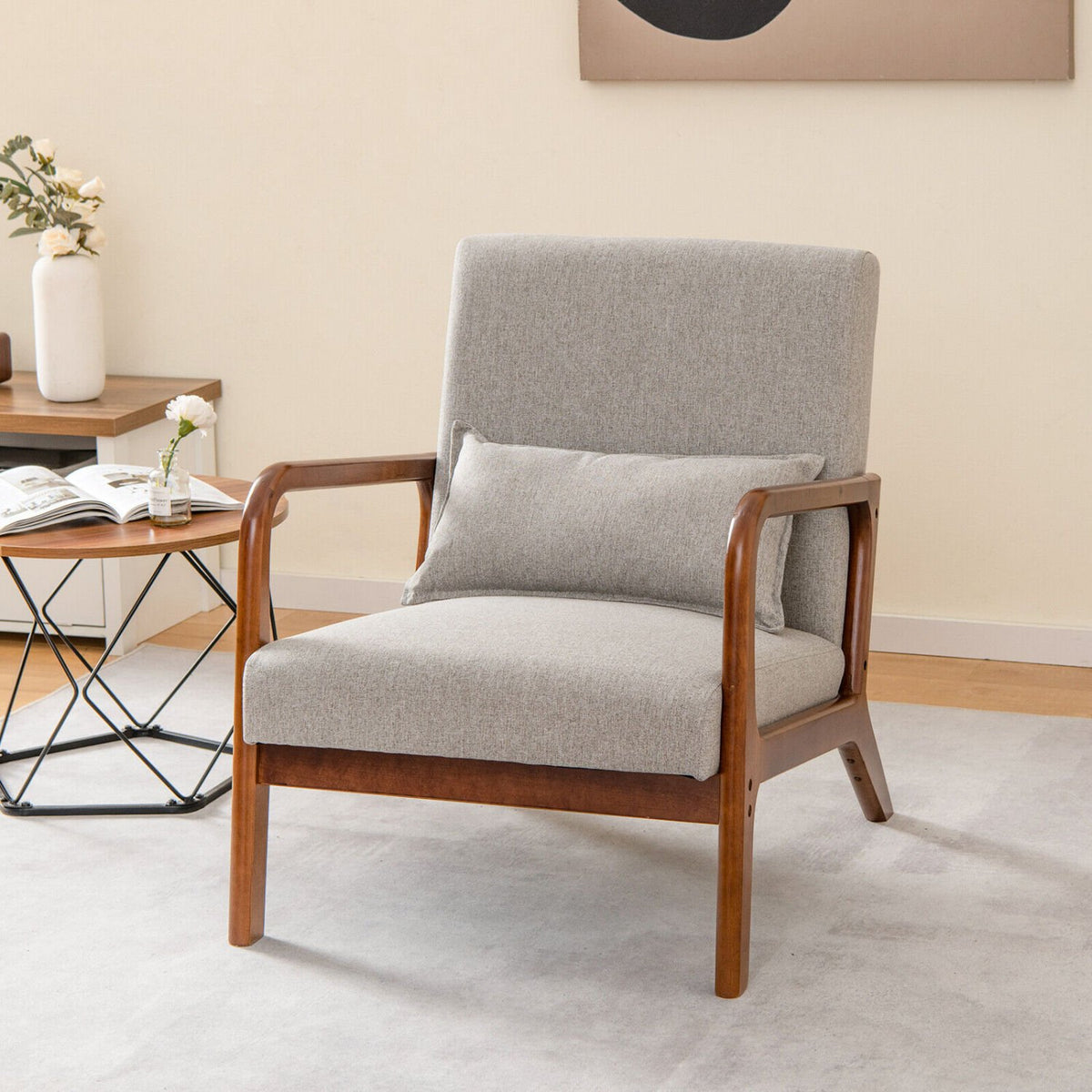 Modern Accent Chair with Rubber Wood Frame and Lumbar Pillow-Gray view 6