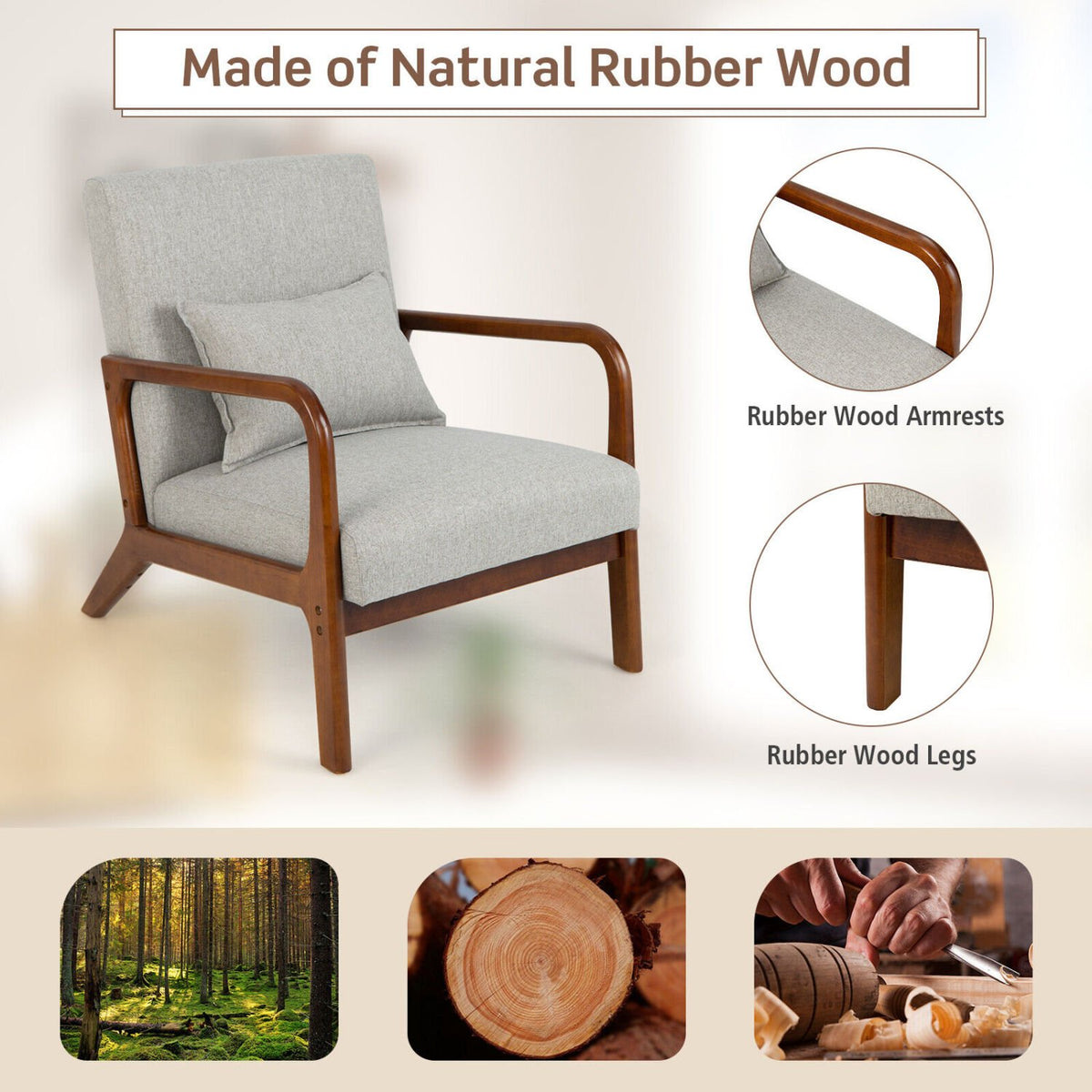 Modern Accent Chair with Rubber Wood Frame and Lumbar Pillow-Gray view 7