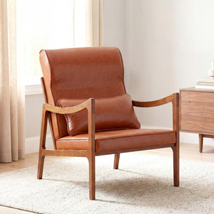 Modern Accent Chair with Solid Rubber Wood Faux Leather Upholstered Armchair-Brown view 2