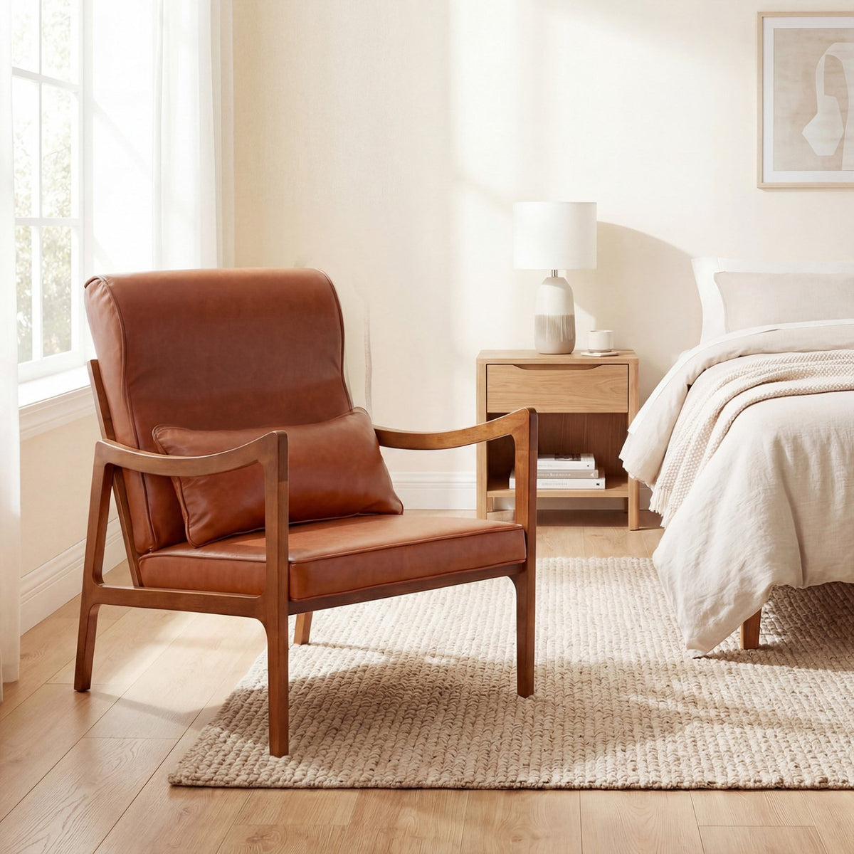 Modern Accent Chair with Solid Rubber Wood Faux Leather Upholstered Armchair-Brown view 3