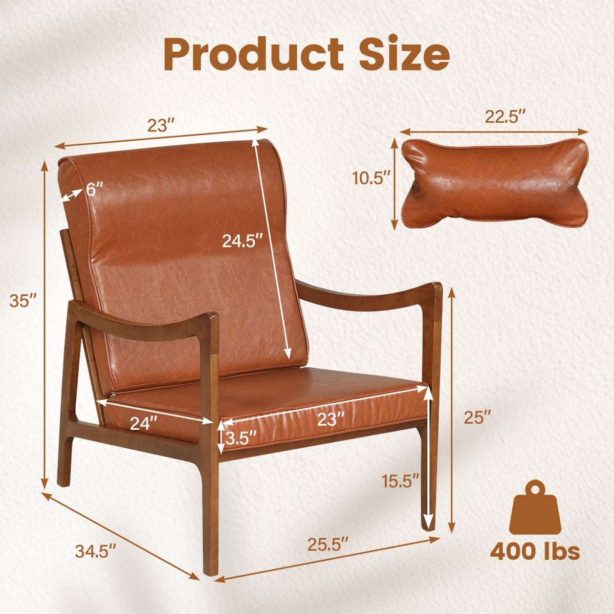 Modern Accent Chair with Solid Rubber Wood Faux Leather Upholstered Armchair-Brown view 4
