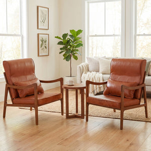 Modern Accent Chair with Solid Rubber Wood Faux Leather Upholstered Armchair-Brown view 5