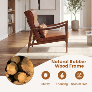 Modern Accent Chair with Solid Rubber Wood Faux Leather Upholstered Armchair-Brown view 6