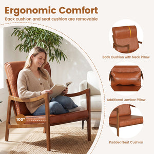 Modern Accent Chair with Solid Rubber Wood Faux Leather Upholstered Armchair-Brown view 7