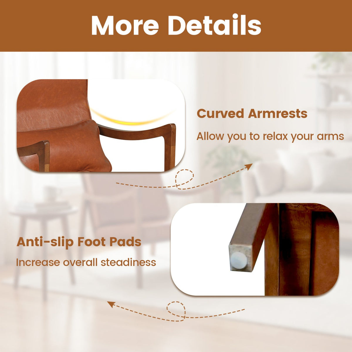Modern Accent Chair with Solid Rubber Wood Faux Leather Upholstered Armchair-Brown view 9