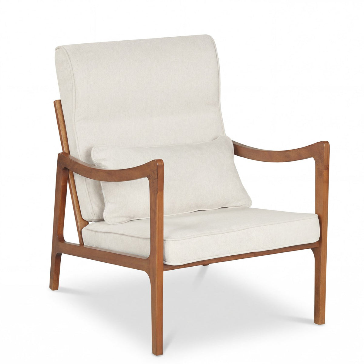 Modern Accent Chair with Solid Rubber Wood Faux Leather Upholstered Armchair-White