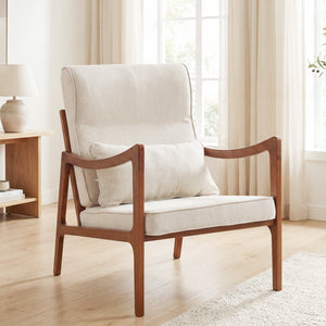 Modern Accent Chair with Solid Rubber Wood Faux Leather Upholstered Armchair-White view 2