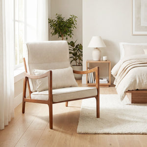 Modern Accent Chair with Solid Rubber Wood Faux Leather Upholstered Armchair-White view 3