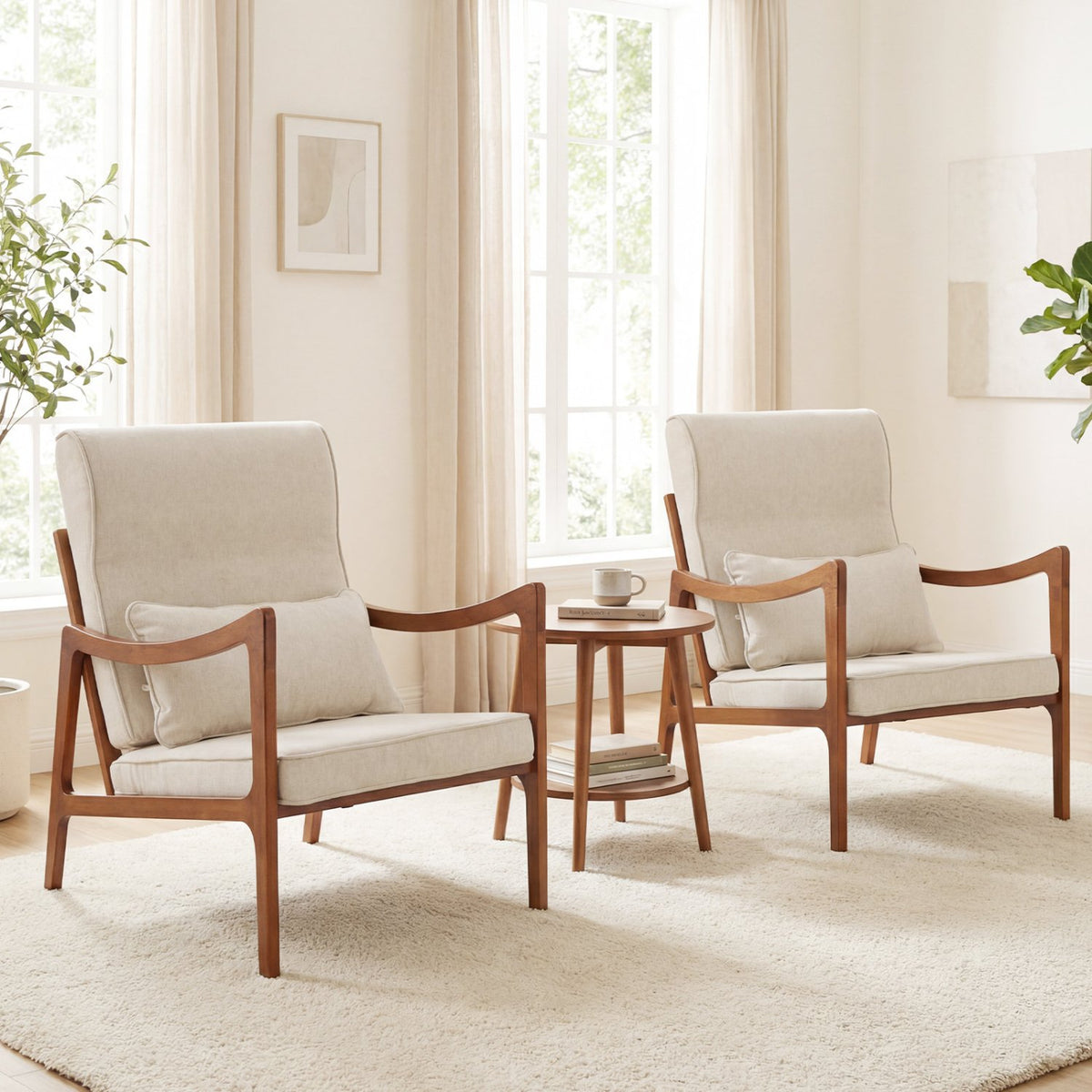 Modern Accent Chair with Solid Rubber Wood Faux Leather Upholstered Armchair-White view 5