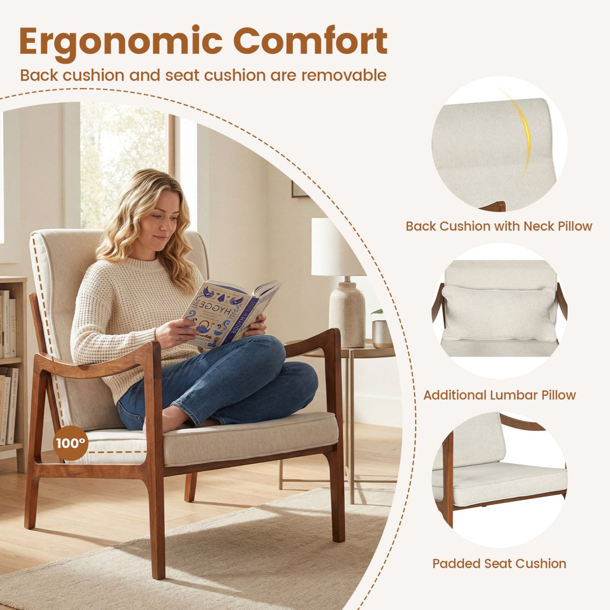 Modern Accent Chair with Solid Rubber Wood Faux Leather Upholstered Armchair-White view 7