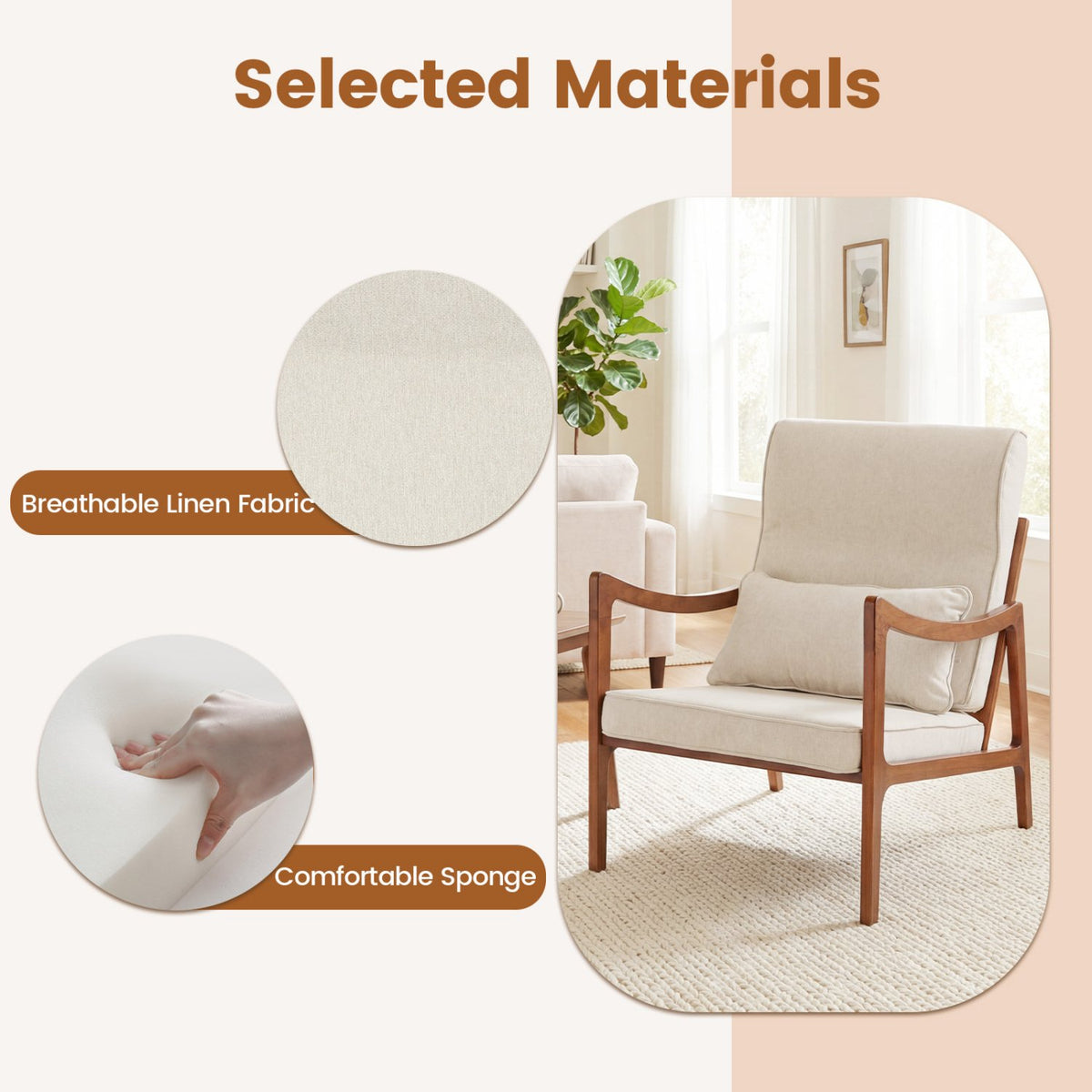 Modern Accent Chair with Solid Rubber Wood Faux Leather Upholstered Armchair-White view 8