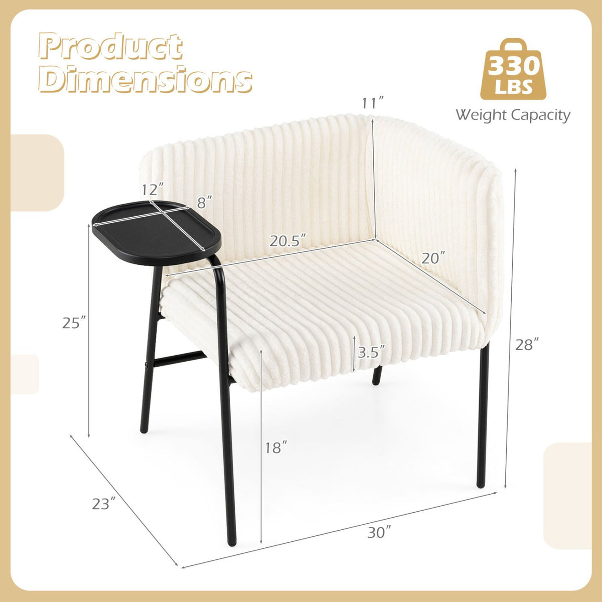 Modern Accent Chair with Tray Table and Solid Metal Frame-Beige view 5
