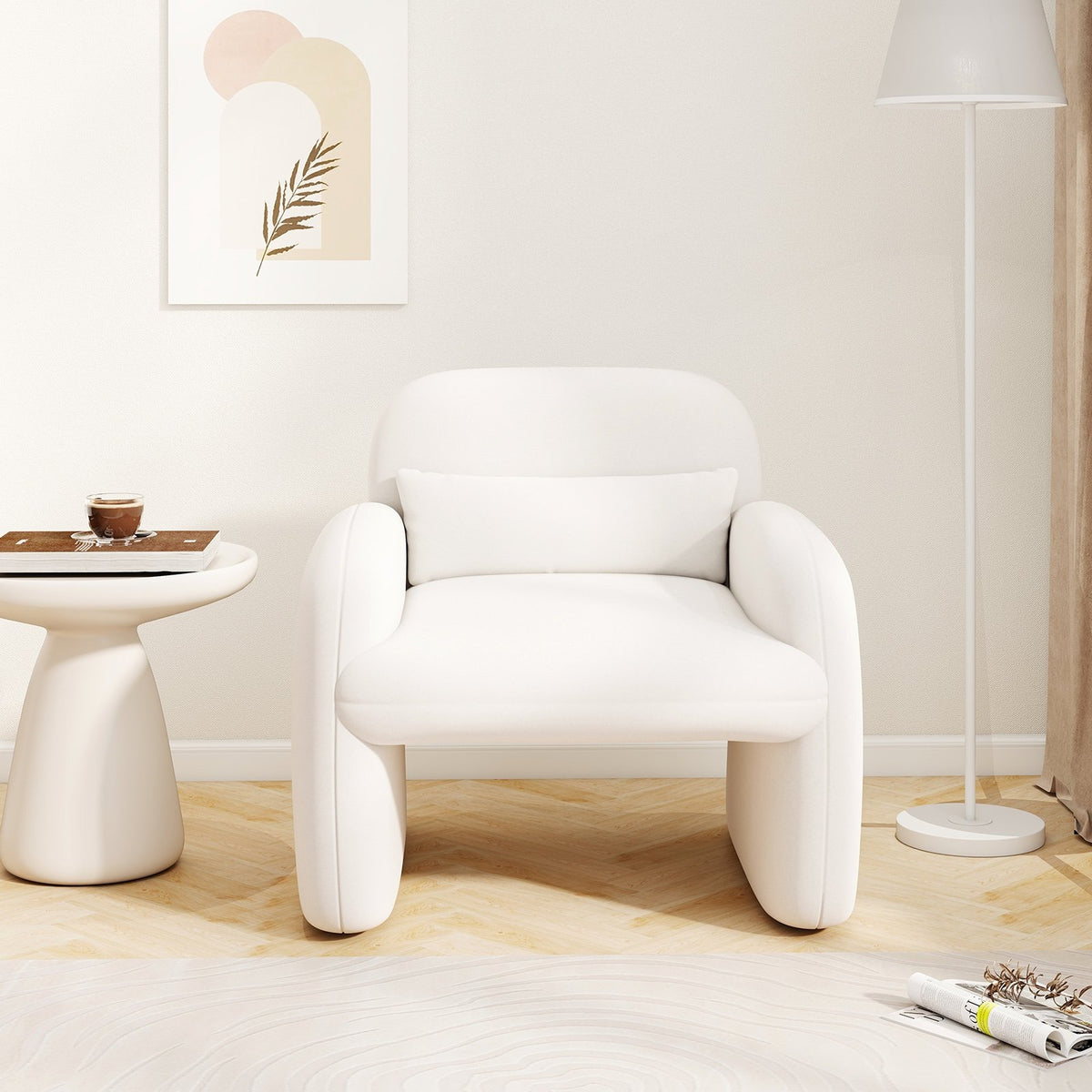 Modern Accent Chair with Waist Pillow and Armrests for Living Room Bedroom-Beige view 3