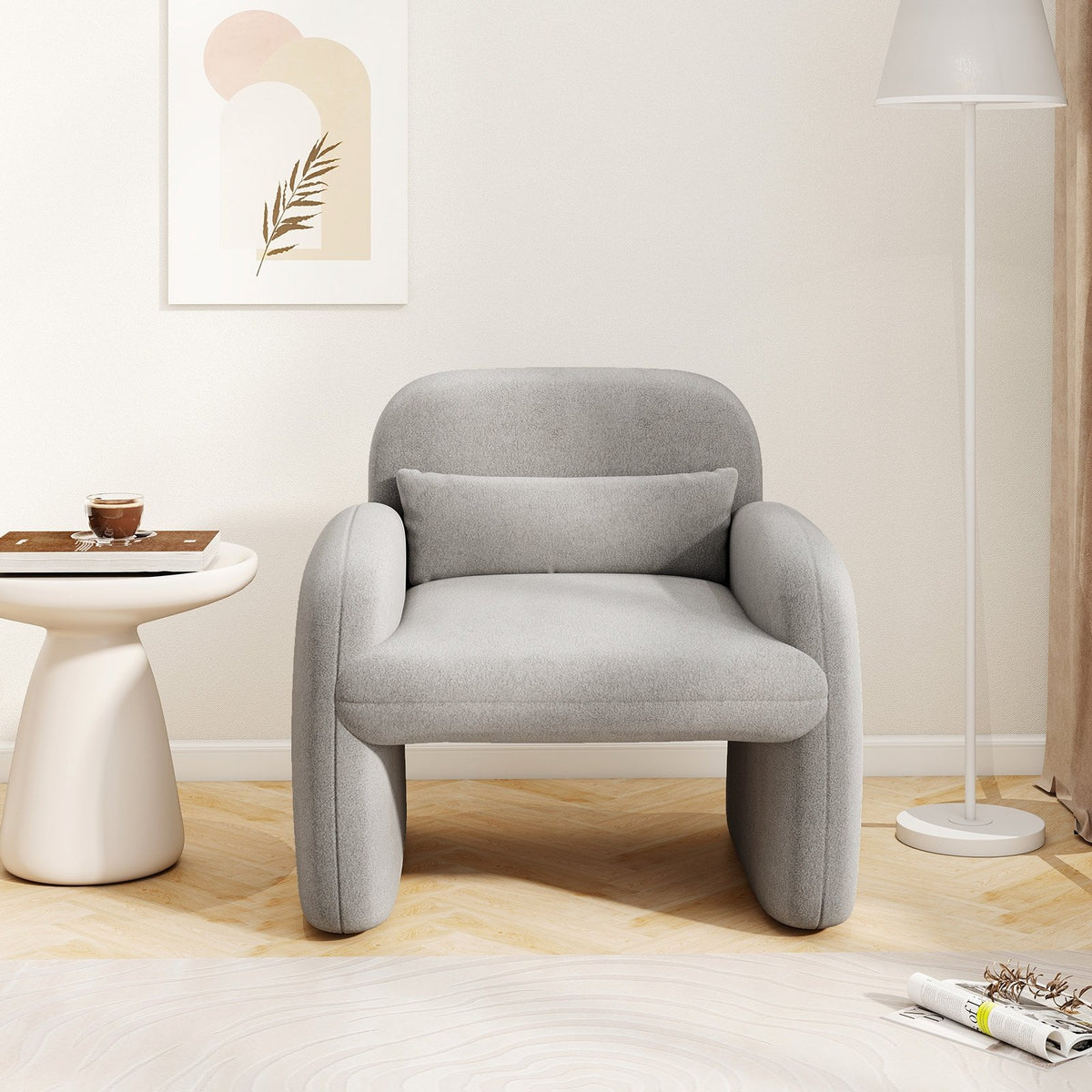 Modern Accent Chair with Waist Pillow and Armrests for Living Room Bedroom-Gray view 3