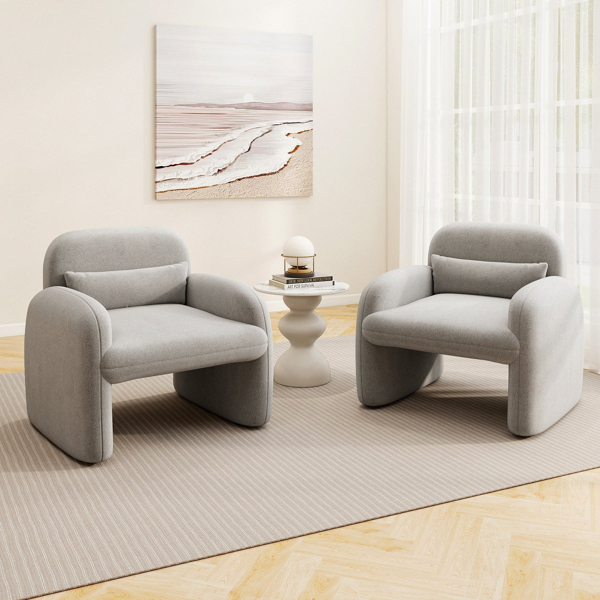 Modern Accent Chair with Waist Pillow and Armrests for Living Room Bedroom-Gray view 6