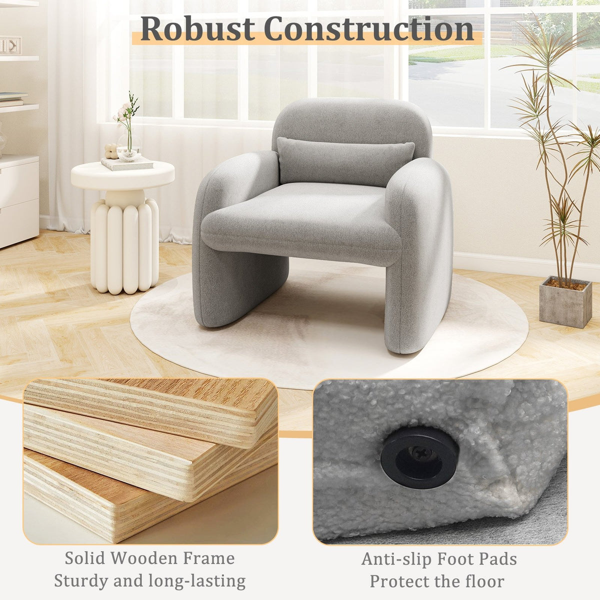 Modern Accent Chair with Waist Pillow and Armrests for Living Room Bedroom-Gray view 9