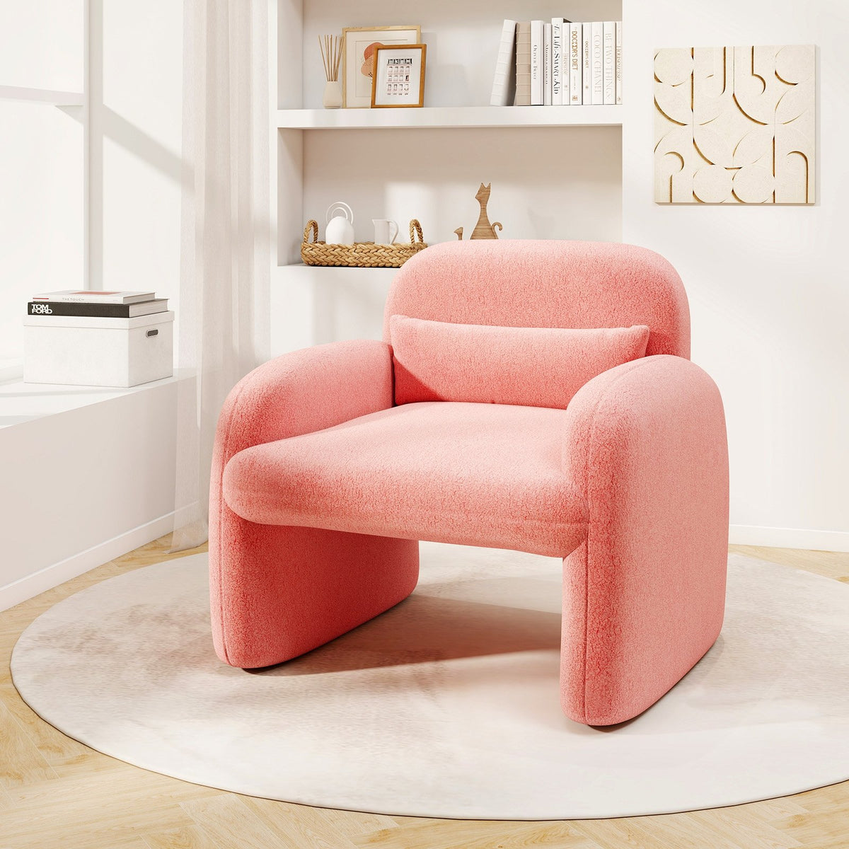 Modern Accent Chair with Waist Pillow and Armrests for Living Room Bedroom-Pink view 2