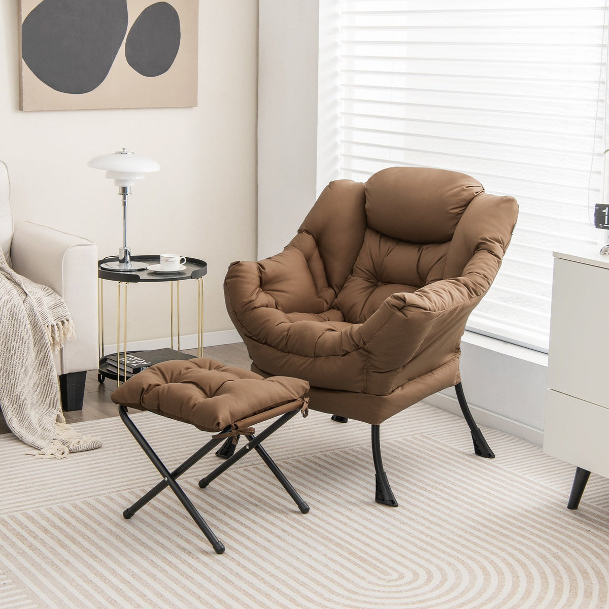 Modern Accent Sofa Chair with Folding Footrest and Side Pocket-Brown view 2
