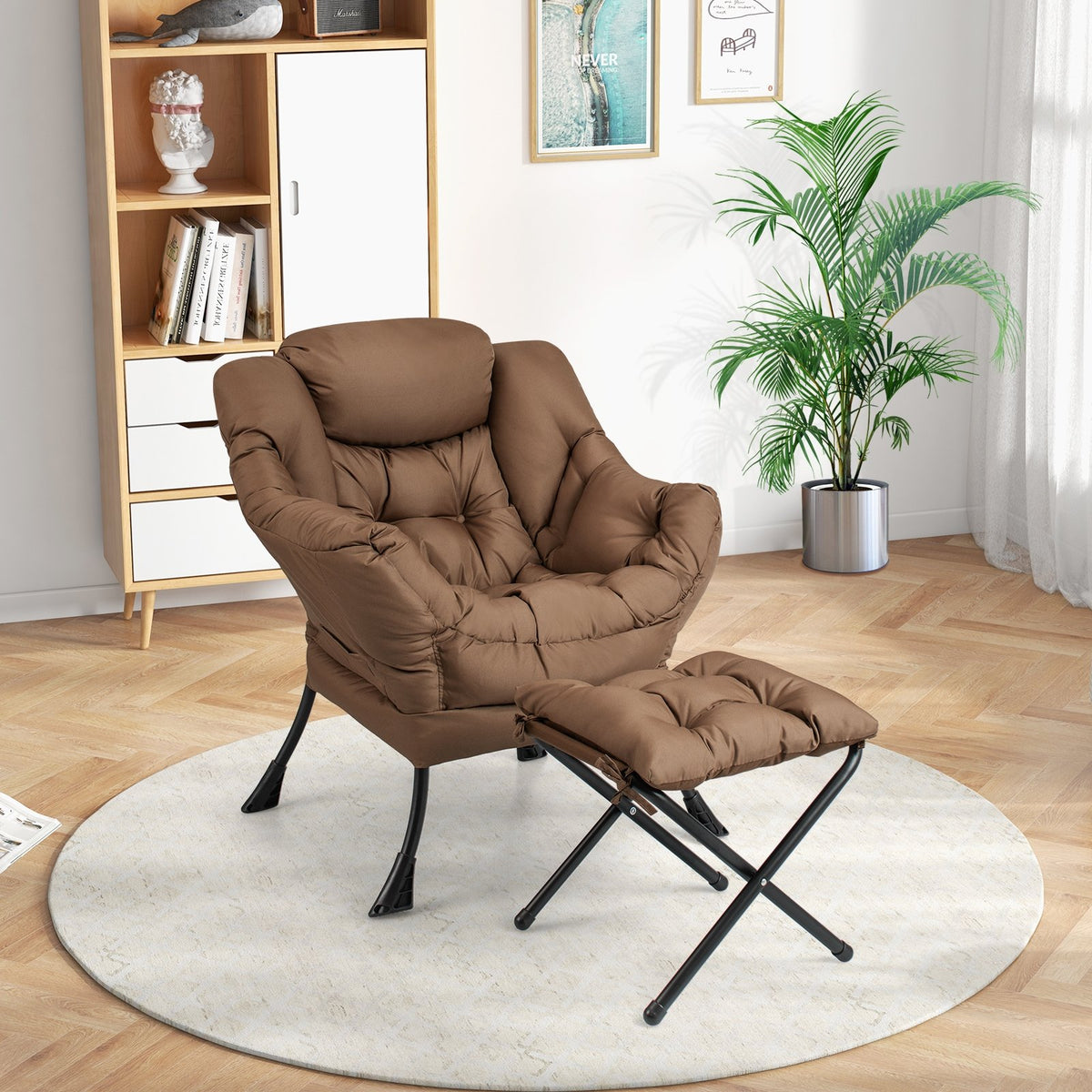 Modern Accent Sofa Chair with Folding Footrest and Side Pocket-Brown view 3