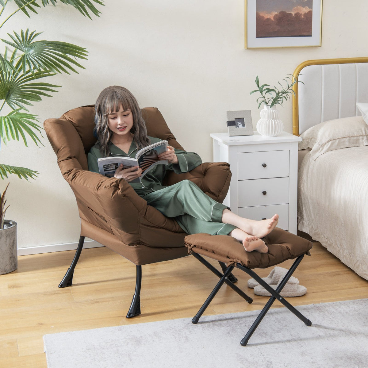 Modern Accent Sofa Chair with Folding Footrest and Side Pocket-Brown view 5