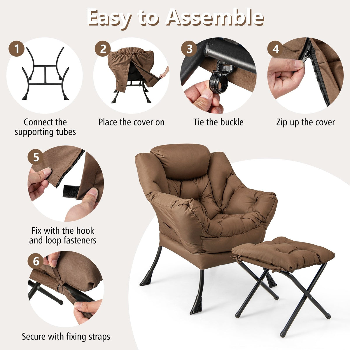 Modern Accent Sofa Chair with Folding Footrest and Side Pocket-Brown view 8