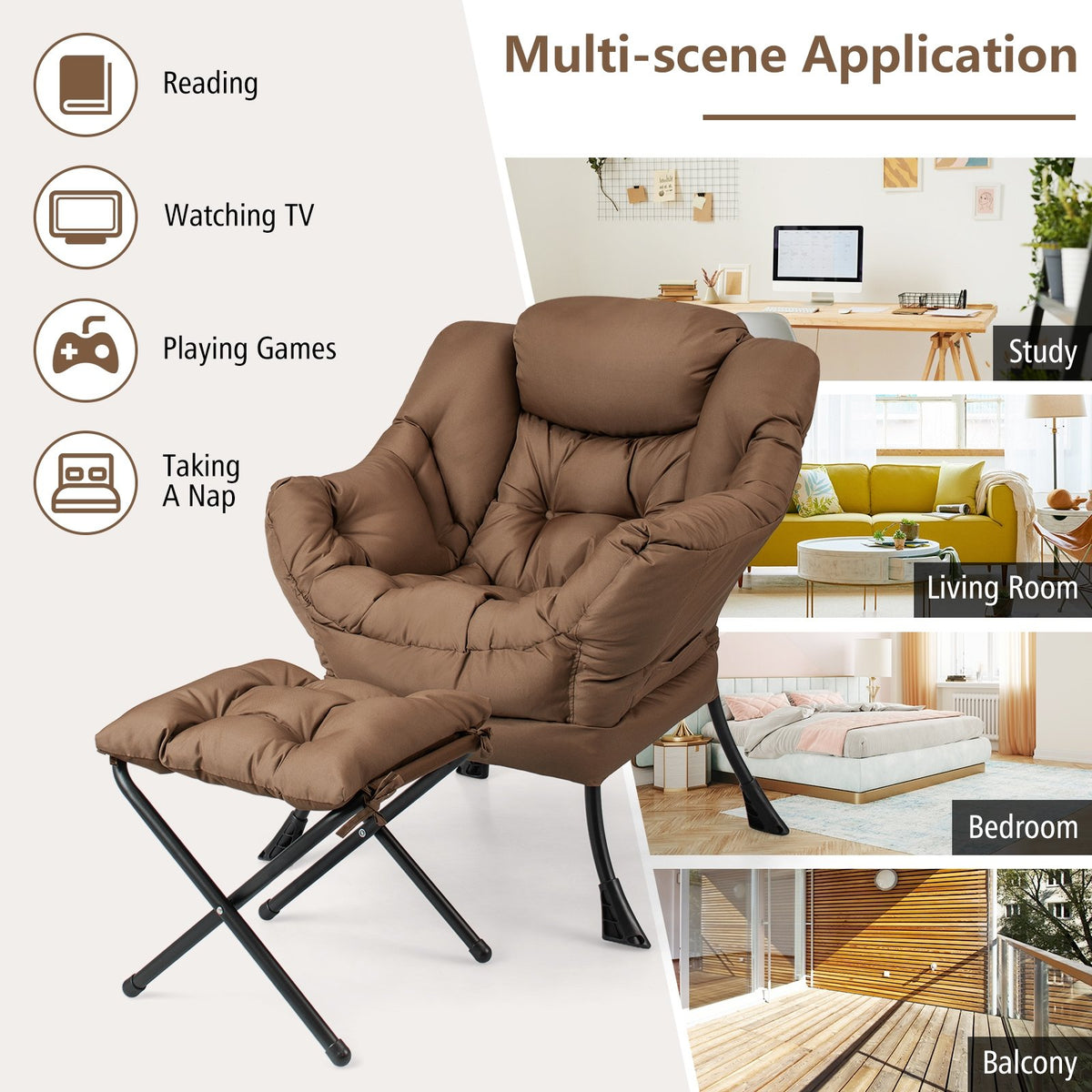 Modern Accent Sofa Chair with Folding Footrest and Side Pocket-Brown view 9