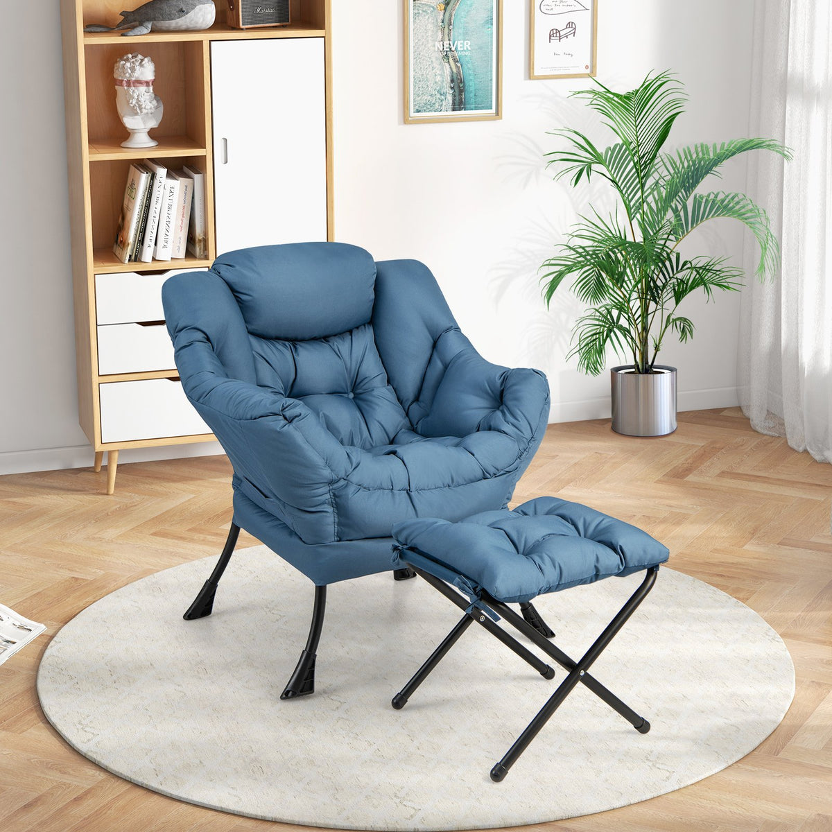 Modern Accent Sofa Chair with Folding Footrest and Side Pocket-Navy view 5