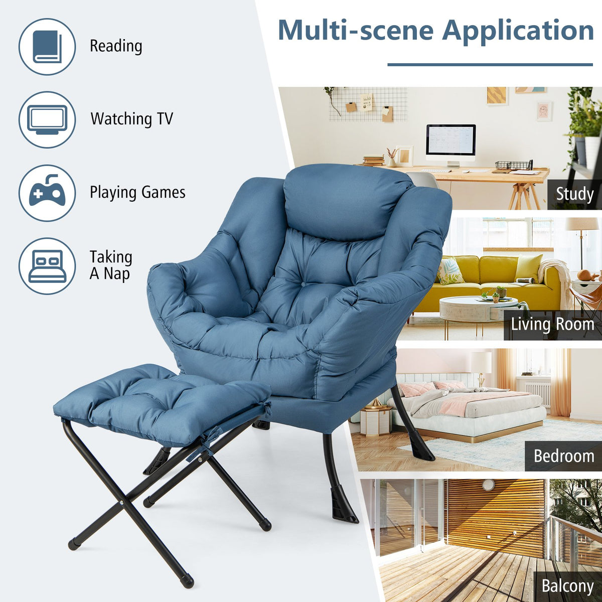 Modern Accent Sofa Chair with Folding Footrest and Side Pocket-Navy view 8