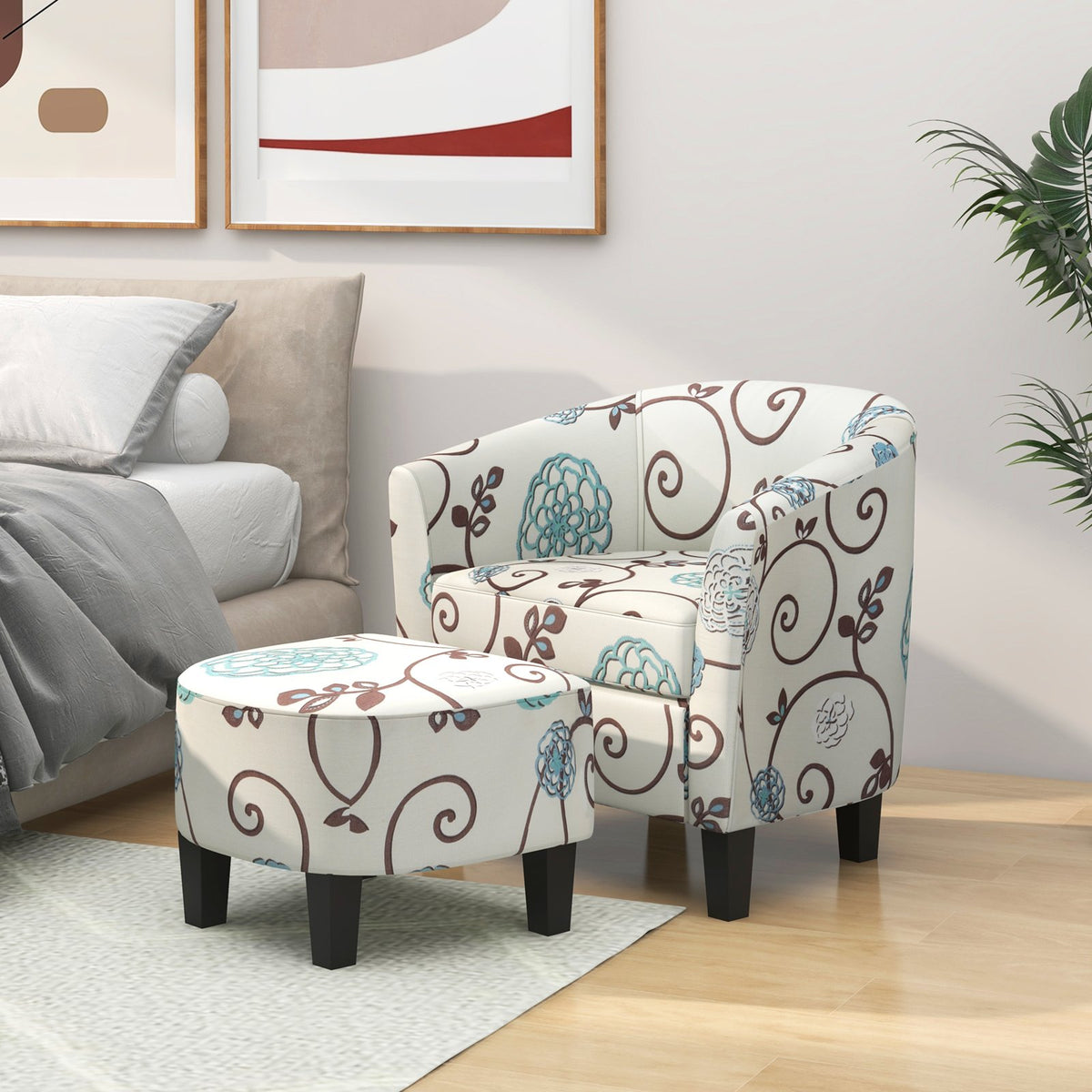 Modern Accent Tub Chair and Ottoman Set with Fabric Upholstered-Beige view 3