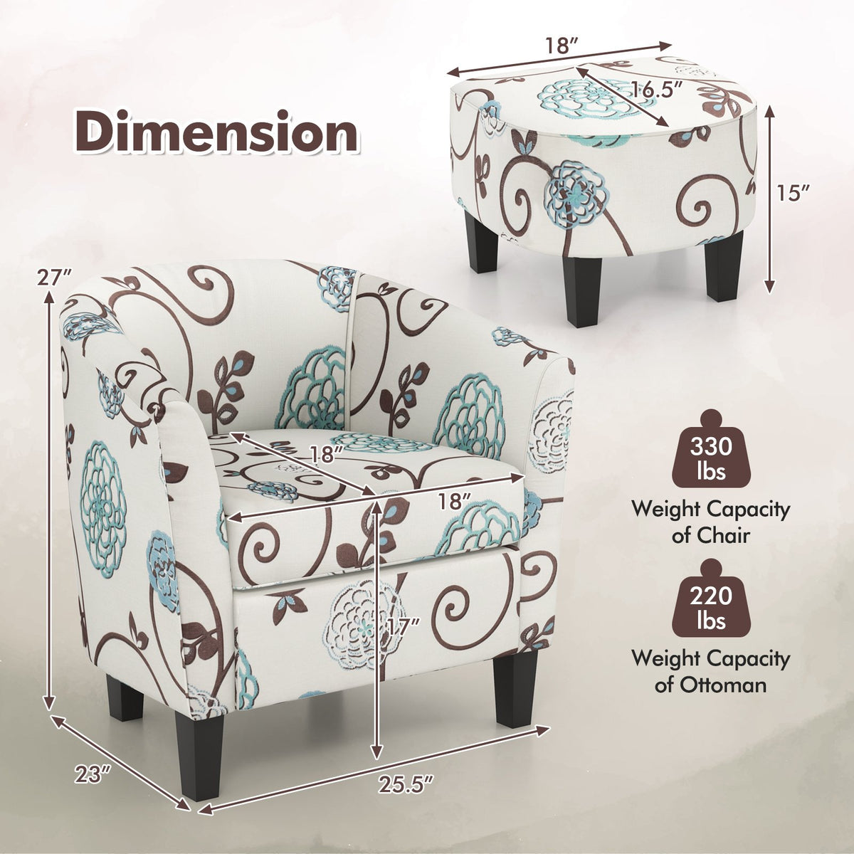 Modern Accent Tub Chair and Ottoman Set with Fabric Upholstered-Beige view 5