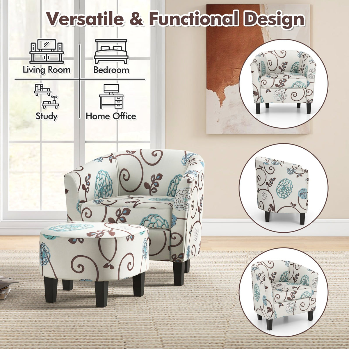 Modern Accent Tub Chair and Ottoman Set with Fabric Upholstered-Beige view 6