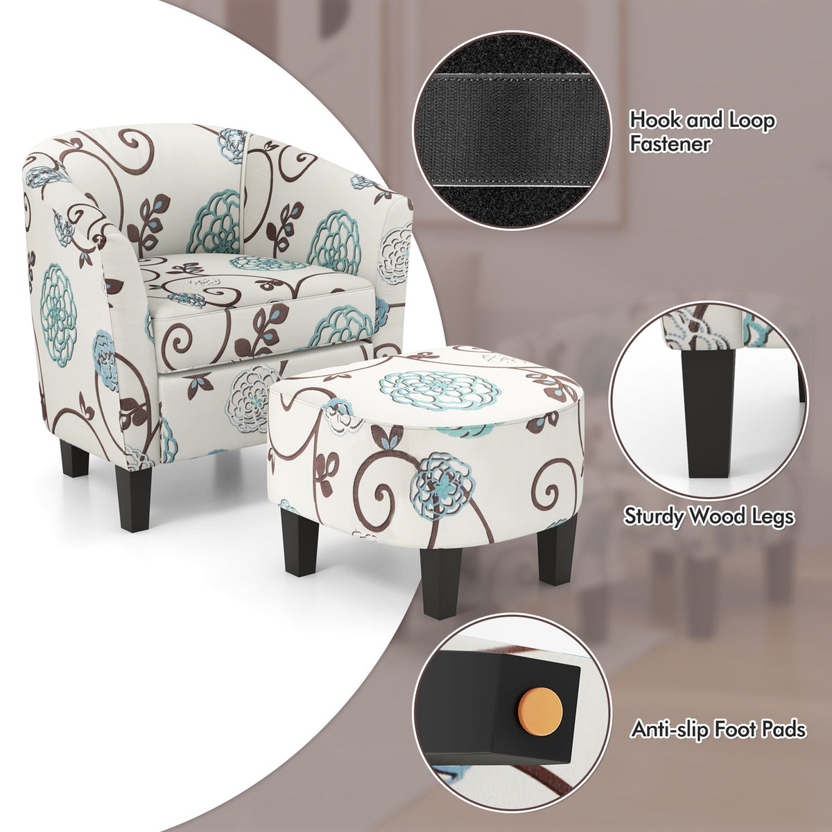 Modern Accent Tub Chair and Ottoman Set with Fabric Upholstered-Beige view 7
