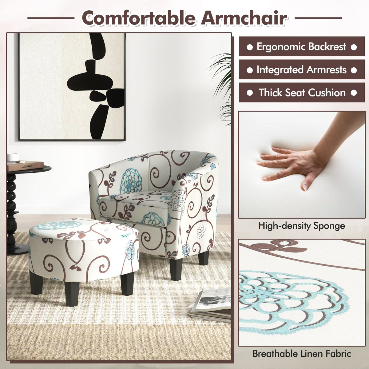 Modern Accent Tub Chair and Ottoman Set with Fabric Upholstered-Beige view 8