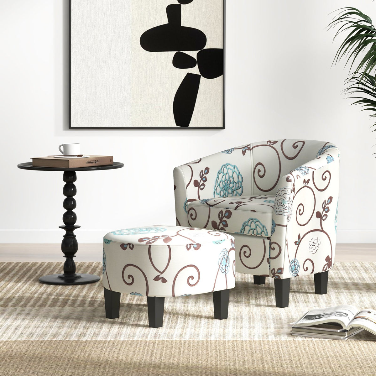 Modern Accent Tub Chair and Ottoman Set with Fabric Upholstered-Beige view 9