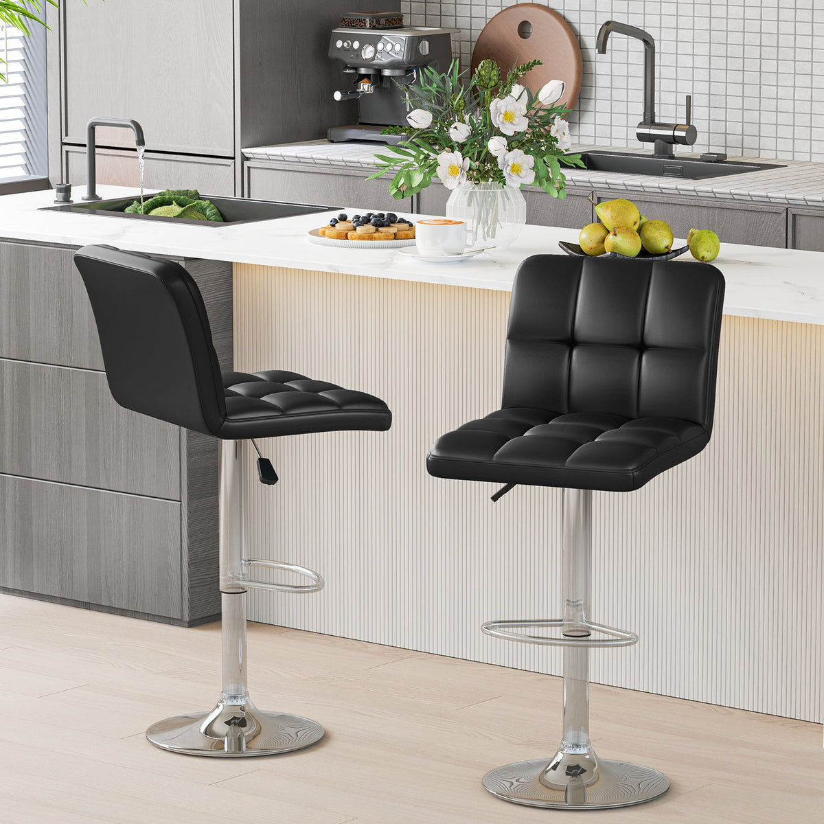 Modern Bat Stools Set of 2 with Back and Heavy-duty Metal Base and Footrest-Black view 3