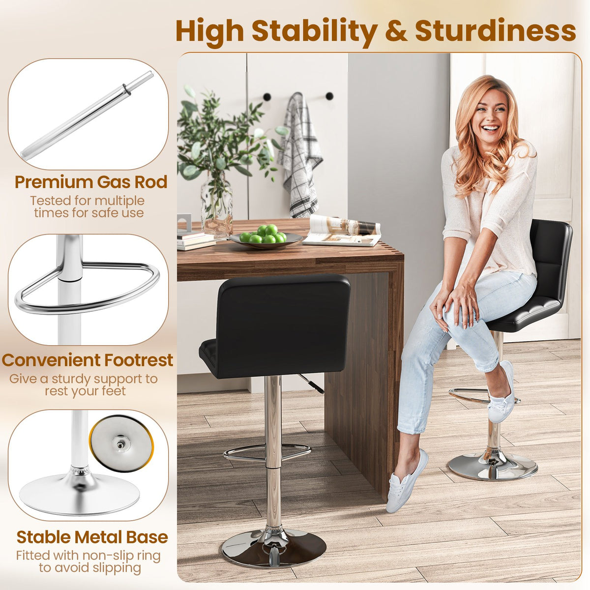 Modern Bat Stools Set of 2 with Back and Heavy-duty Metal Base and Footrest-Black view 8