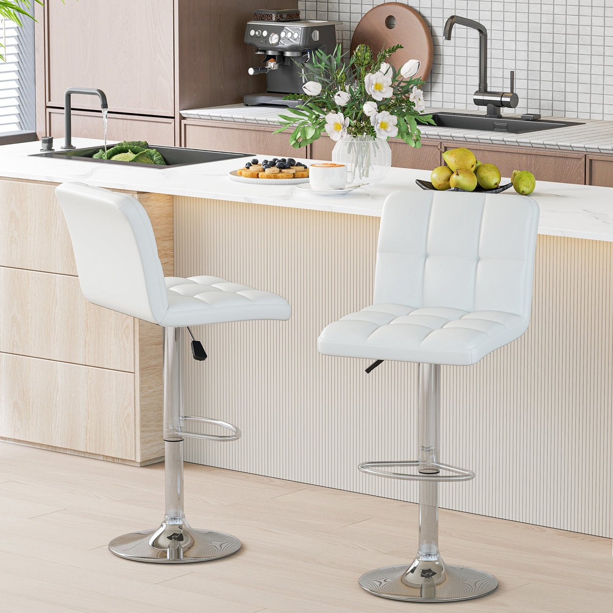 Modern Bat Stools Set of 2 with Back and Heavy-duty Metal Base and Footrest-White view 3