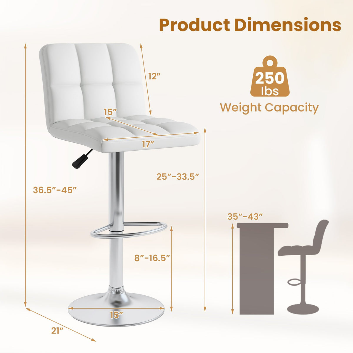 Modern Bat Stools Set of 2 with Back and Heavy-duty Metal Base and Footrest-White view 5