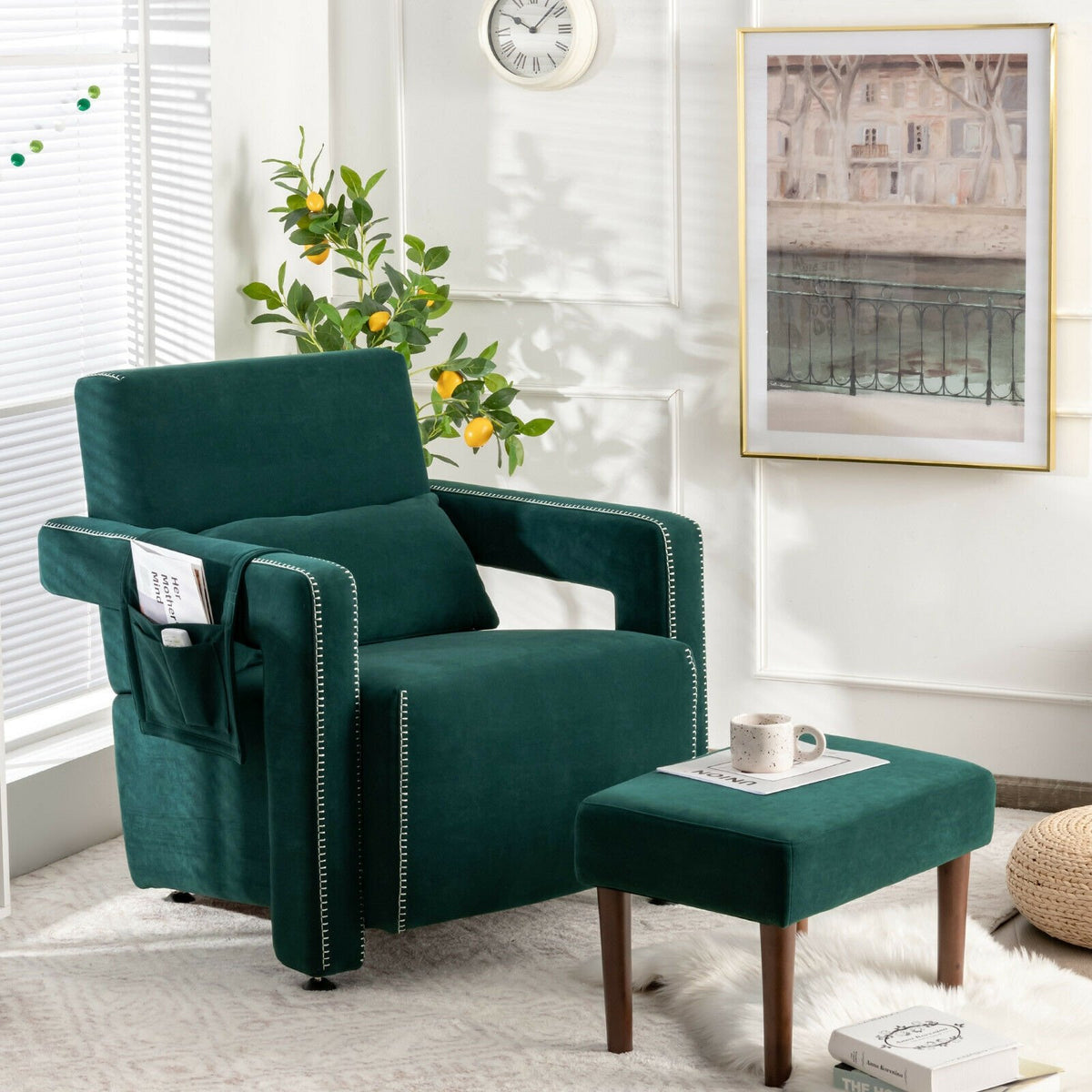 Modern Berber Fleece Single Sofa Chair with Ottoman and Waist Pillow-Green view 2