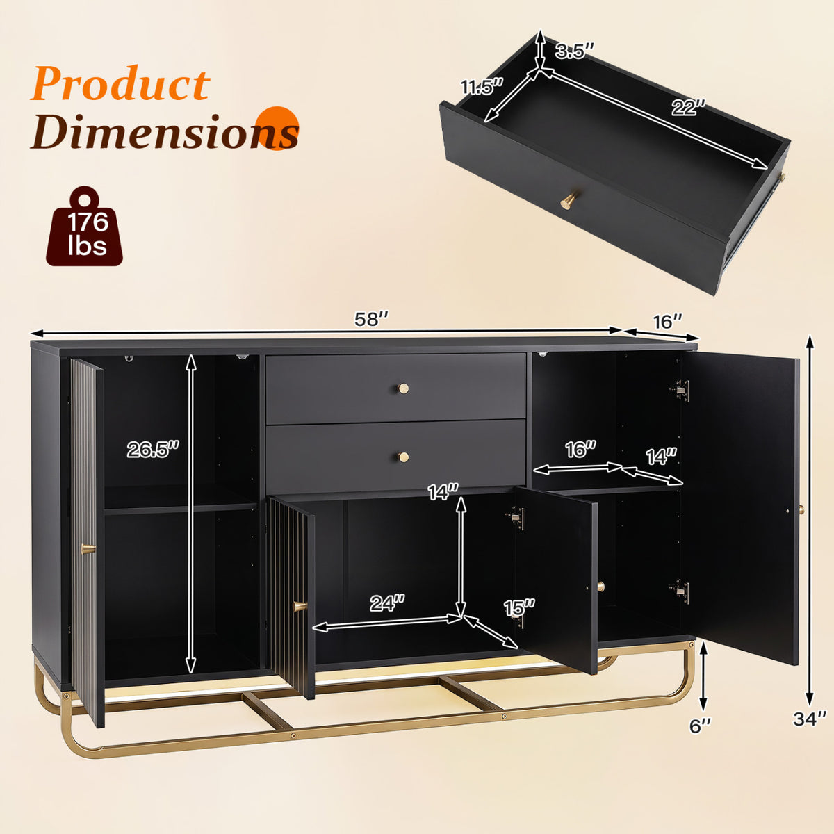 Modern Buffet Sideboard Cabinet w/ 2 Drawers & Adjustable Shelves for Dining Room-Black view 5