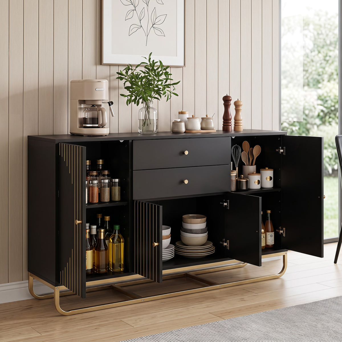 Modern Buffet Sideboard Cabinet w/ 2 Drawers & Adjustable Shelves for Dining Room-Black view 6