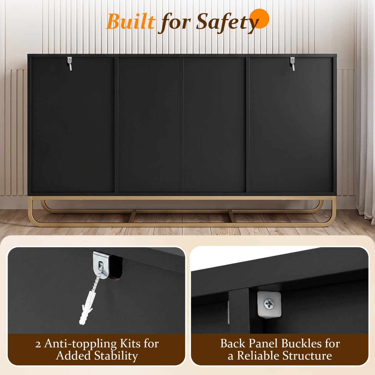 Modern Buffet Sideboard Cabinet w/ 2 Drawers & Adjustable Shelves for Dining Room-Black view 9